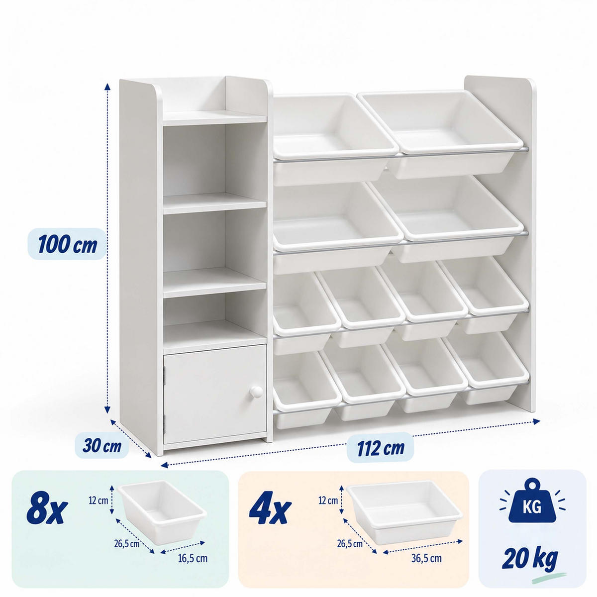 REGÁL bílý do dětského pokoje s 12 boxy 100x112x30 cm - bílá, kov/kompozitní dřevo (112/100/30cm) - Relaxdays