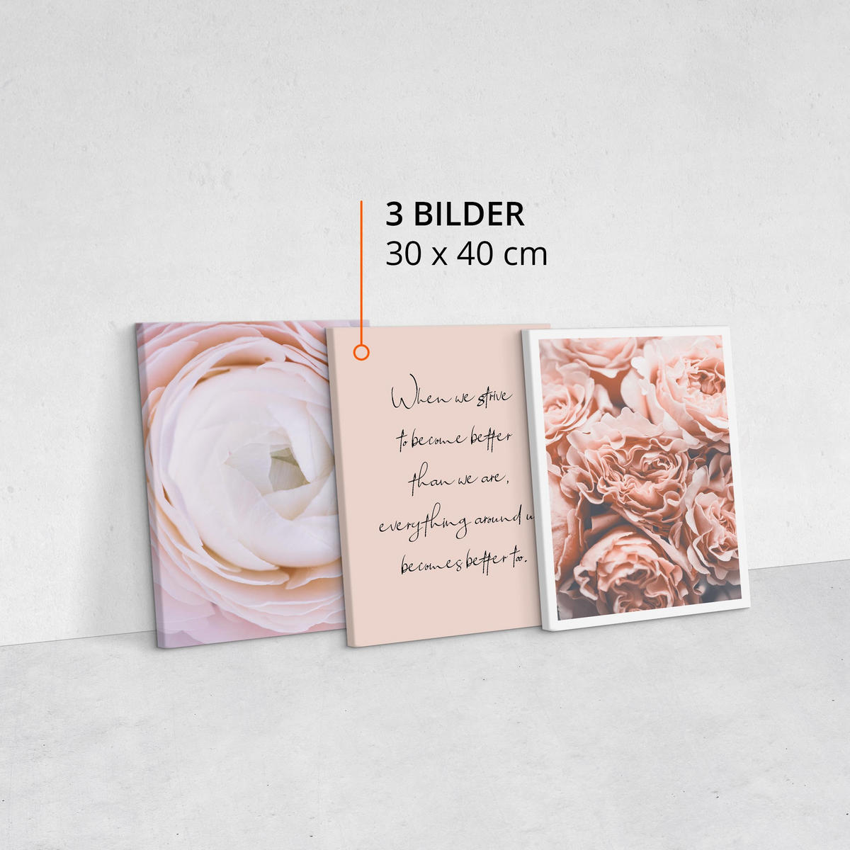 LEINWANDBILDER 3-er Set Blumen 3D Zitate - Beige/Schwarz, Textil (90/40cm) - Muralo