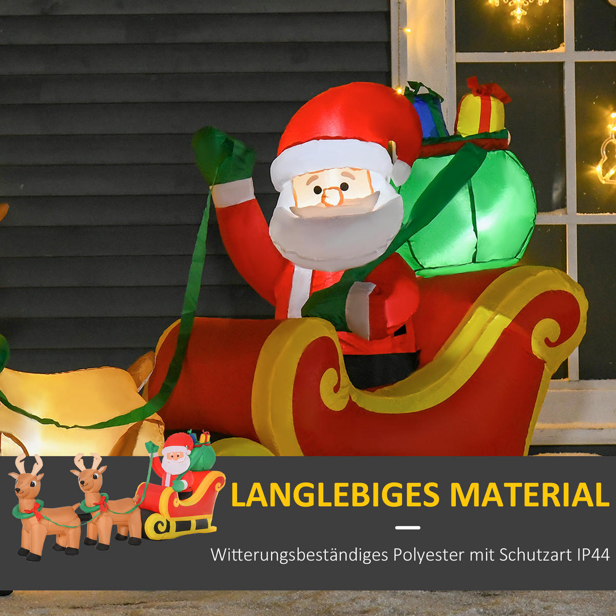 AUFBLASBARER Weihnachtsmann mit Rentieren und Schlitten Rot 240.0/57.0/112.0cm - Rot, Textil (57/112/240cm)