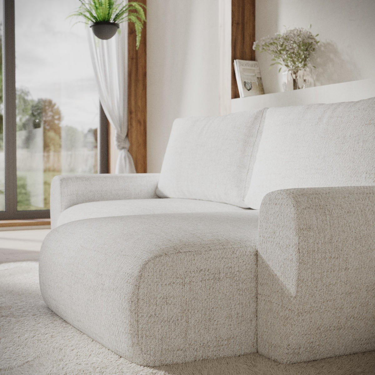 ECKSOFA OMARI mit Schlaffunktion Creme im Neve Stoff - Creme/Schwarz, Holz/Holzwerkstoff (253/153cm) - AltaBeds