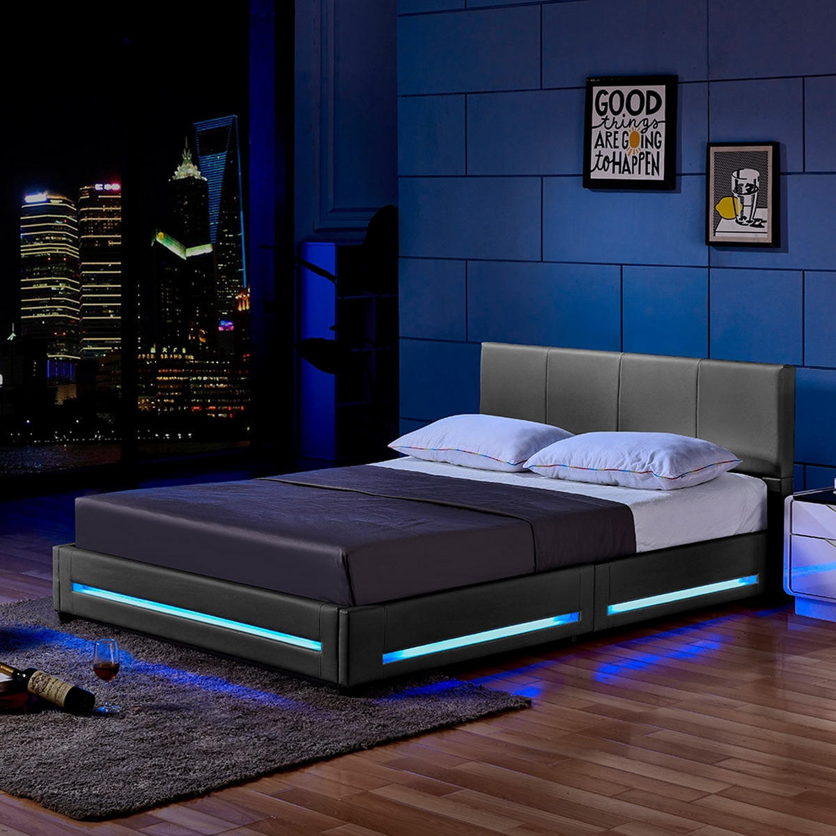 LED Bett ASTEROID - 140 x 200 cm Dunkelgrau - Dunkelgrau, Kunststoff - Home Deluxe