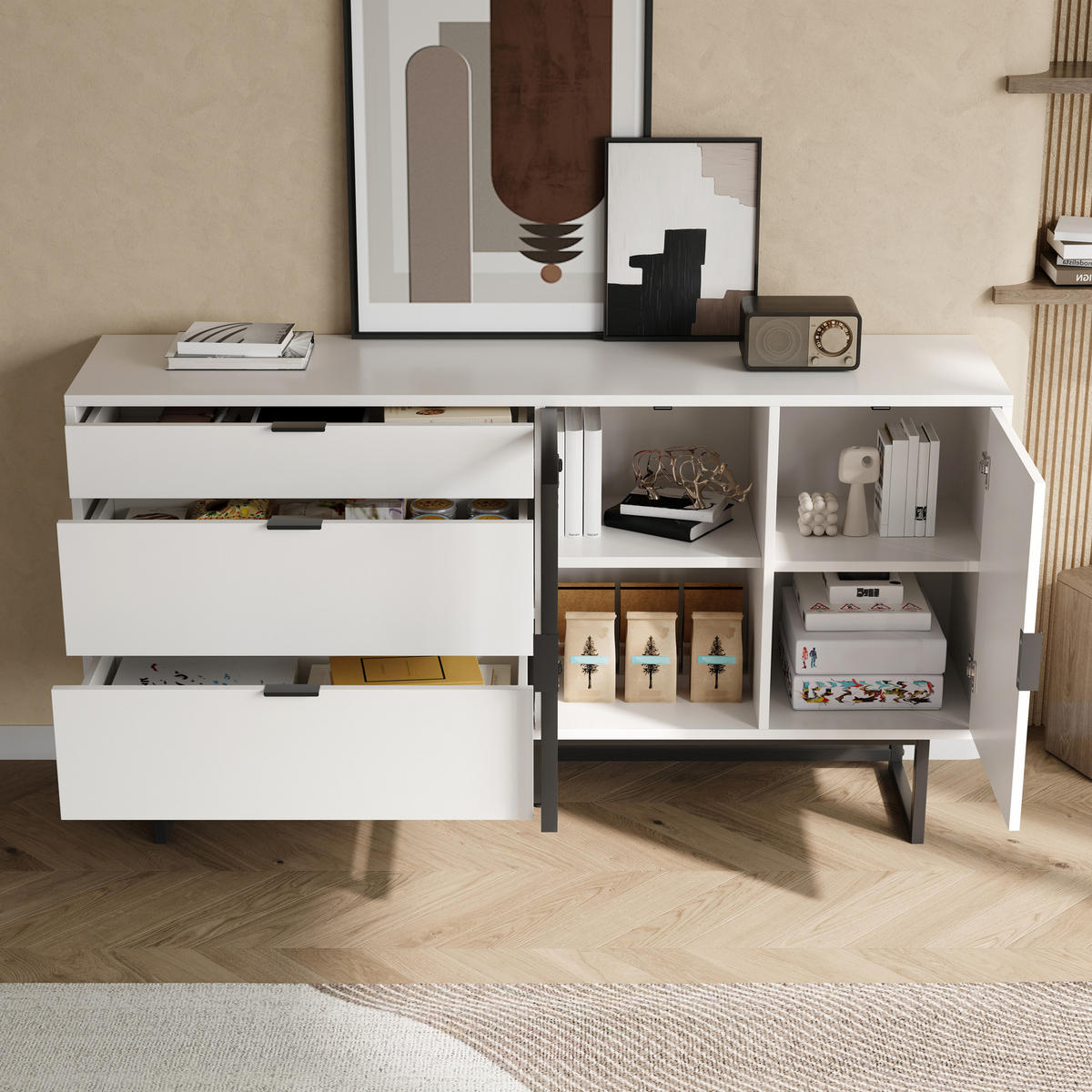 SIDEBOARD Weiß Glas Türen 3 Schubladen LED - Weiß, Holz (160/78/36cm) - LEBENLANG