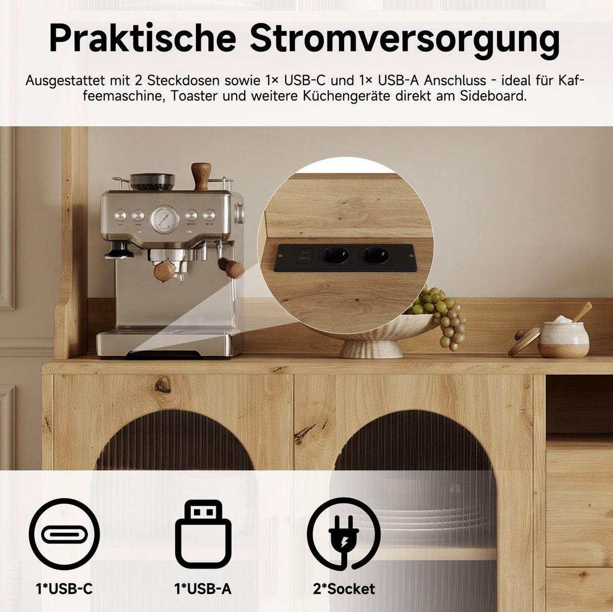 HOCHSCHRANK aus Spanplatte 120x40x178 cm Holzfarben mit Steckdosen und USB-Anschlüssen - Eichefarben, Holzwerkstoff (120/178/40cm) - IVMEU