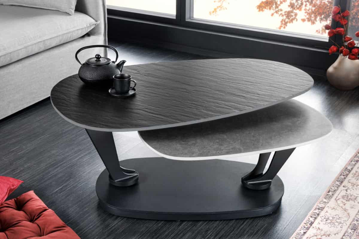 COUCHTISCH MOVEMENT Beton rund Grau|Schwarz 160cm - Goldfarben/Schwarz, Naturmaterialien/Keramik (110/160/40cm) - riess-ambiente