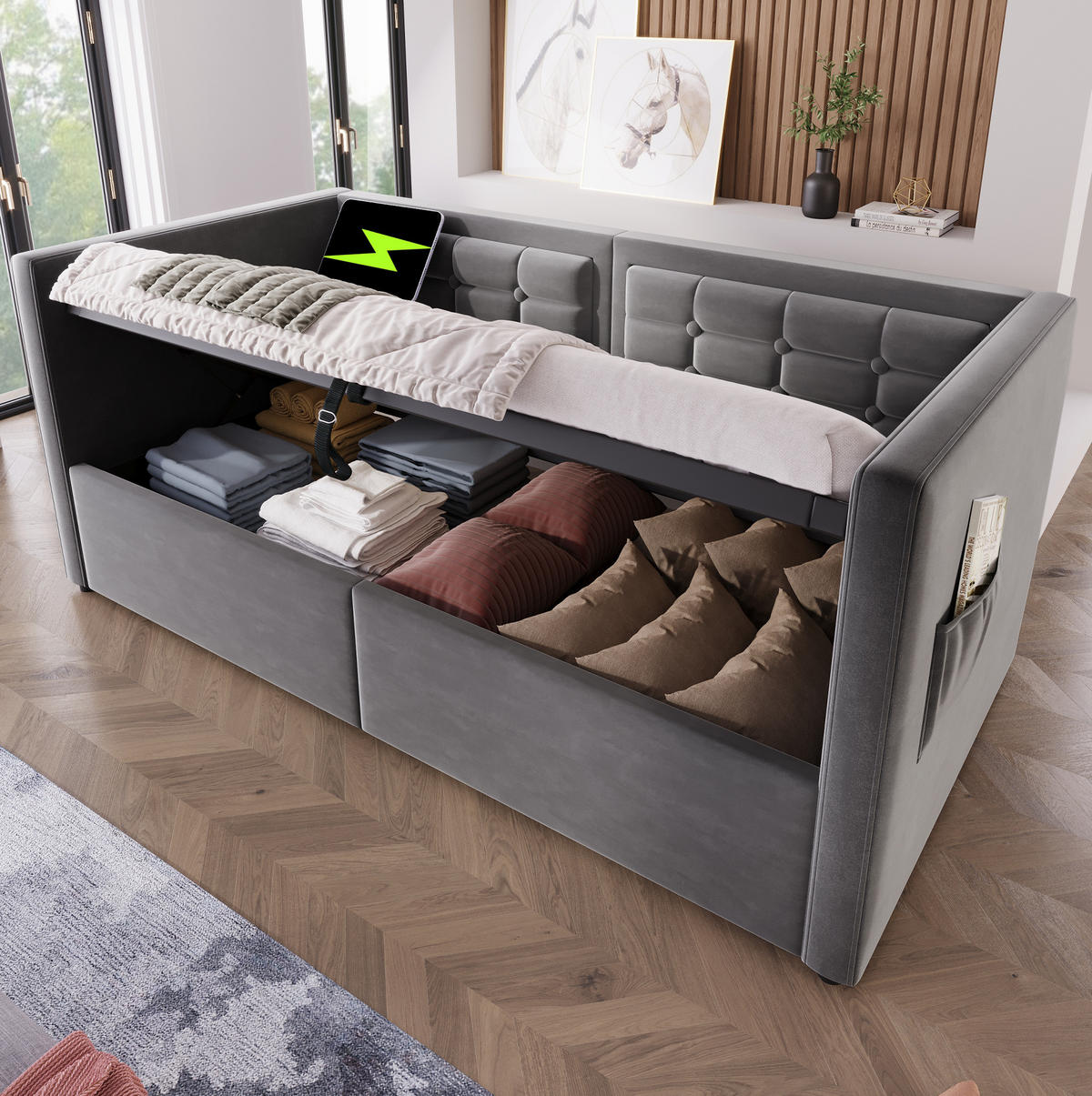 ČALOUNĚNÁ rozkládací postel 90/190 cm šedá ze sametu s hydraulickým úložným prostorem a USB-C - šedá, textil (90/200cm) - OKWISH