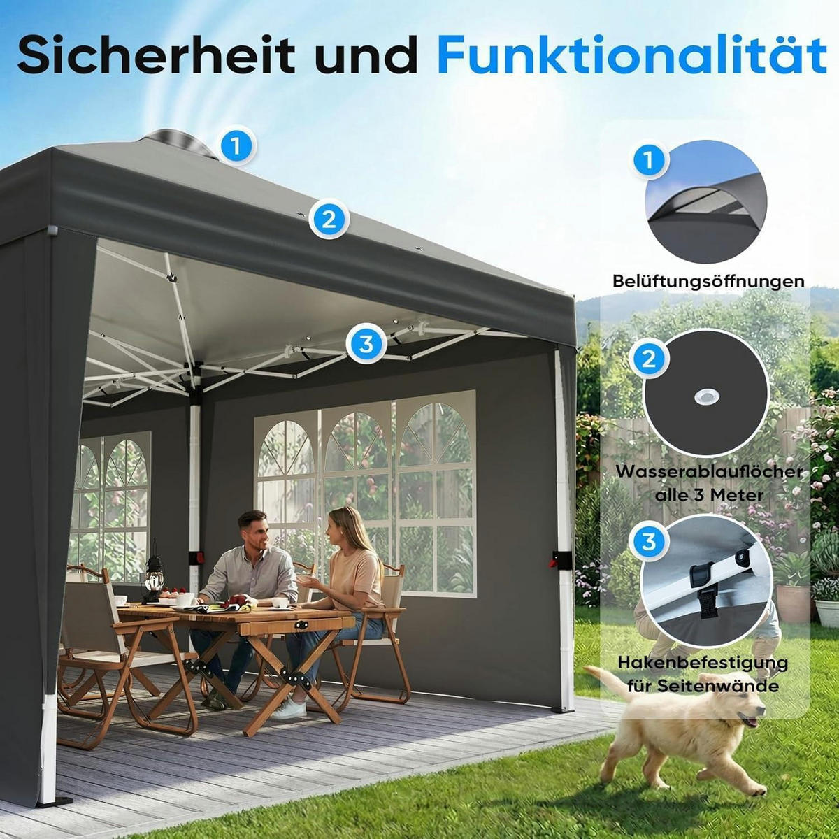FALTPAVILLON 3x6m mit 6 Seitenwänden Grau Bogenfenster - Grau, Metall (585/285/293cm)