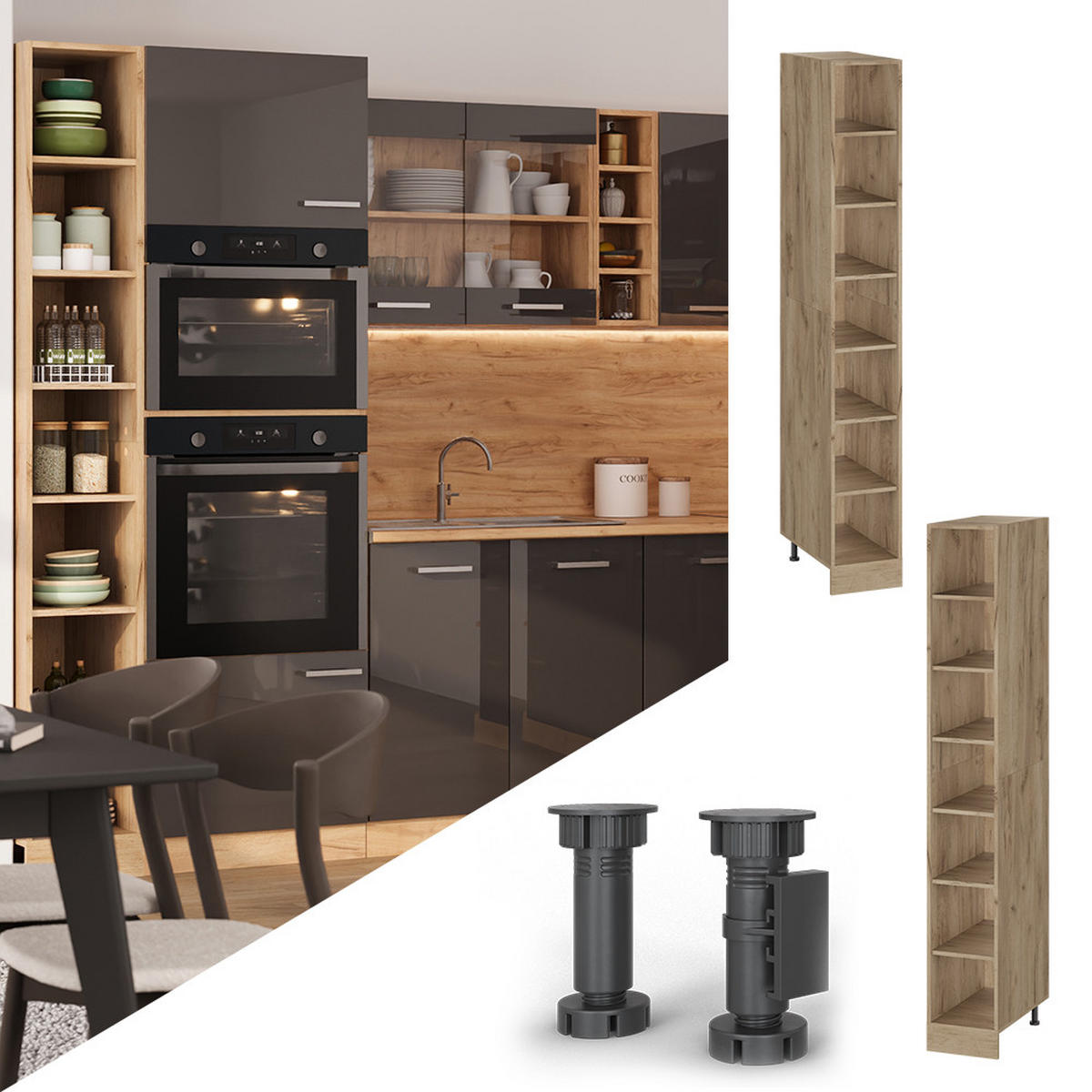 POLICE KUCHYŇ R-Line, Zlatý mocný dub/Zlatý mocný dub, 30 cm se 7 přihrádkami - medově dubová, kompozitní dřevo (30/206.8/55cm) - Vicco
