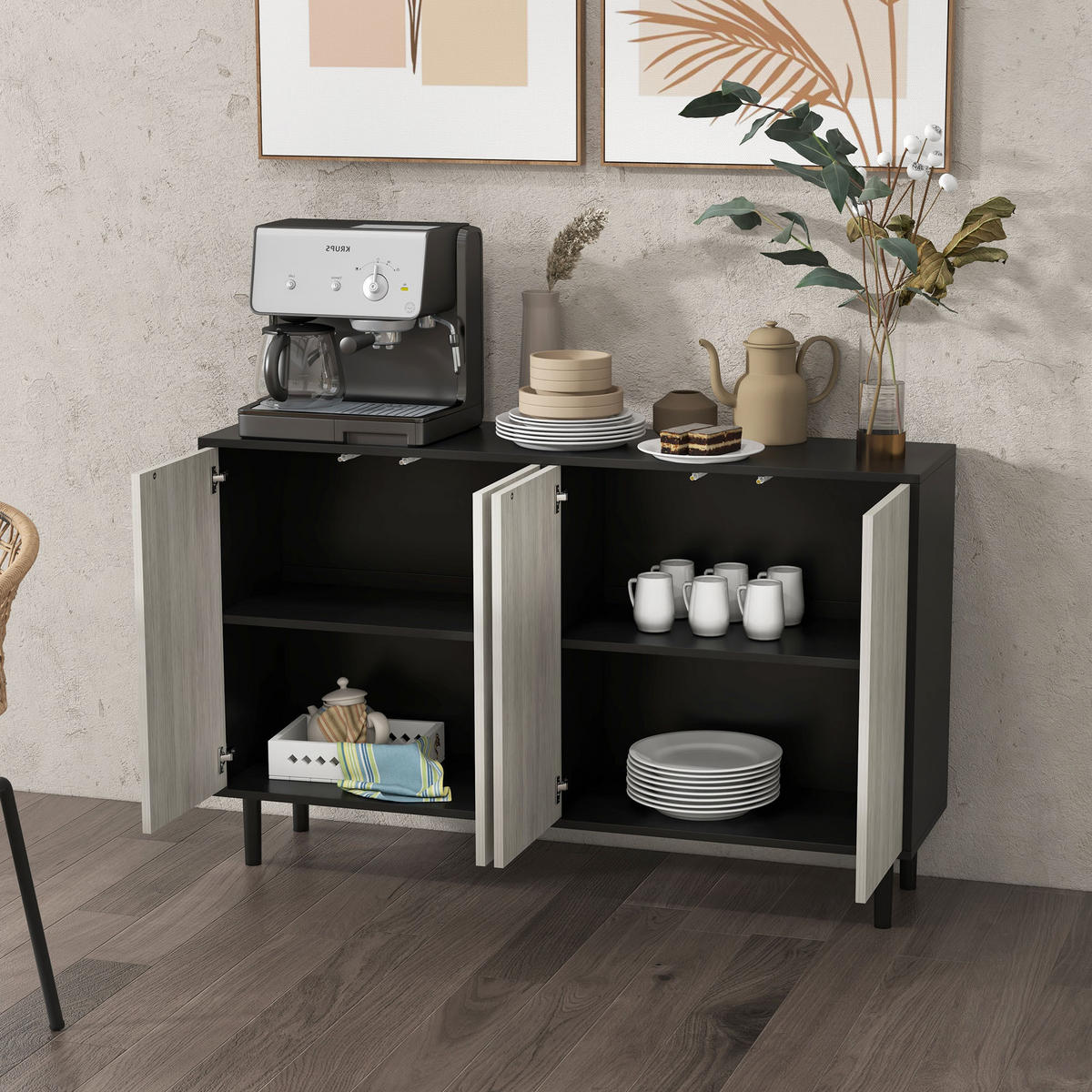 SIDEBOARD Schwarz und Grau, 2 Doppeltüren, 121/37/75 cm - Schwarz, Holz (121/75/37cm) - PANGIVO
