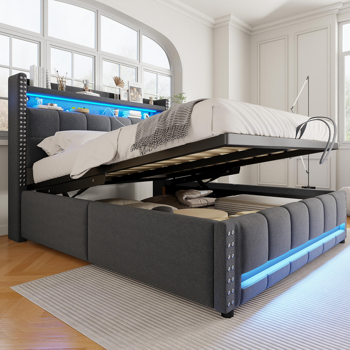 POLSTERBETT 160/200 cm aus Leinenstoff mit LED-Beleuchtung und USB-Steckdose, Grau - Grau, Textil (160/200cm) - OKMYHOME