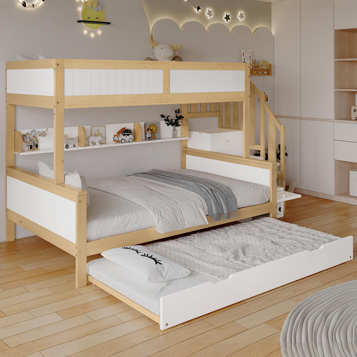 ETAGENBETT 90/200 & 120/200 cm Weiß Natur mit Rollbett und Stauraumtreppe aus Kiefer+MDF - Weiß, Holzwerkstoff (90/200cm) - OKWISH