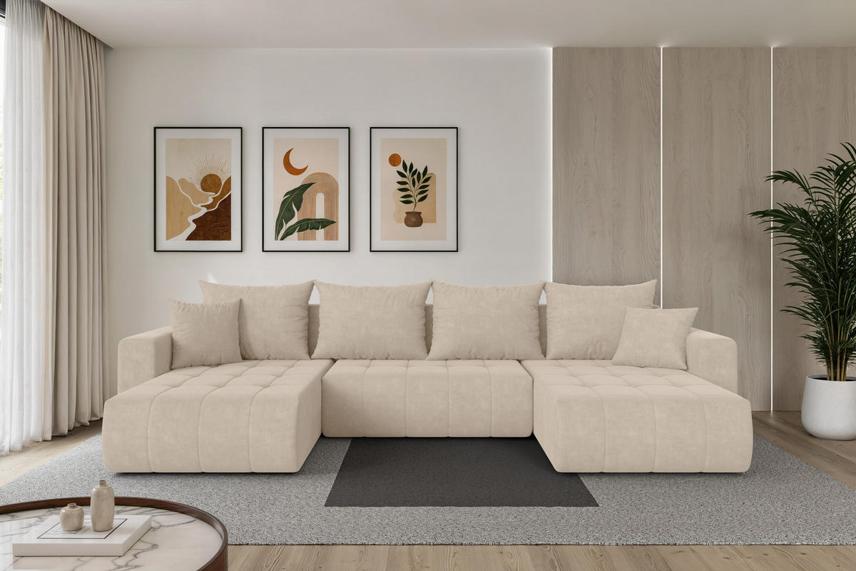 SEDACÍ SOUPRAVA DO U s funkcí spaní a úložným prostorem MILA-U 378x194x86 béžová velur - černá/Sahara, kompozitní dřevo/textil (378/86/194cm) - ALTDECOR