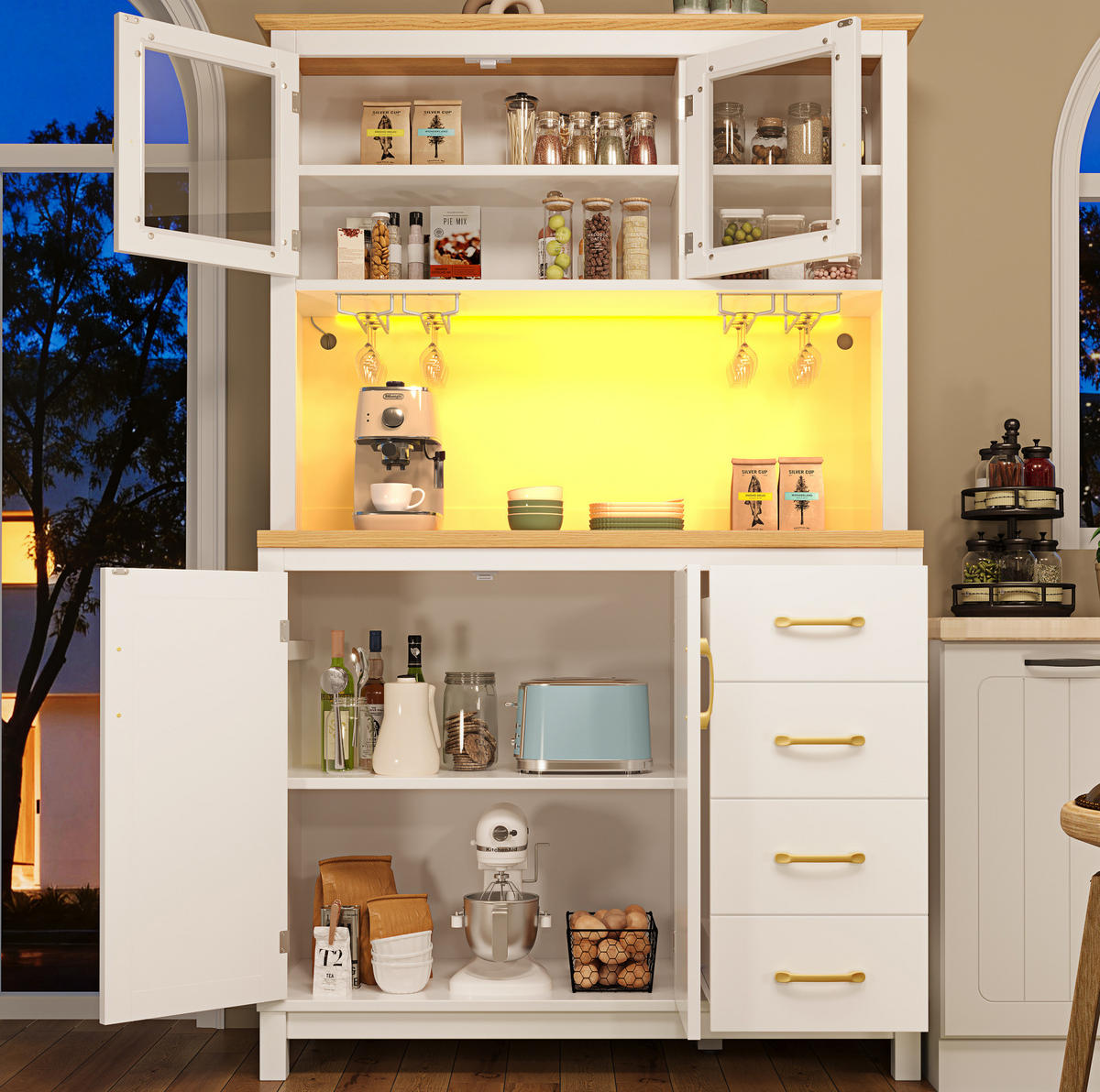 BUFFETSCHRANK 105,5/40/180 cm mit LED-Lichtleiste, App-Steuerung und viel Stauraum aus MDF, Weiß - Weiß, Holzwerkstoff (105.5/180/40cm) - Redom