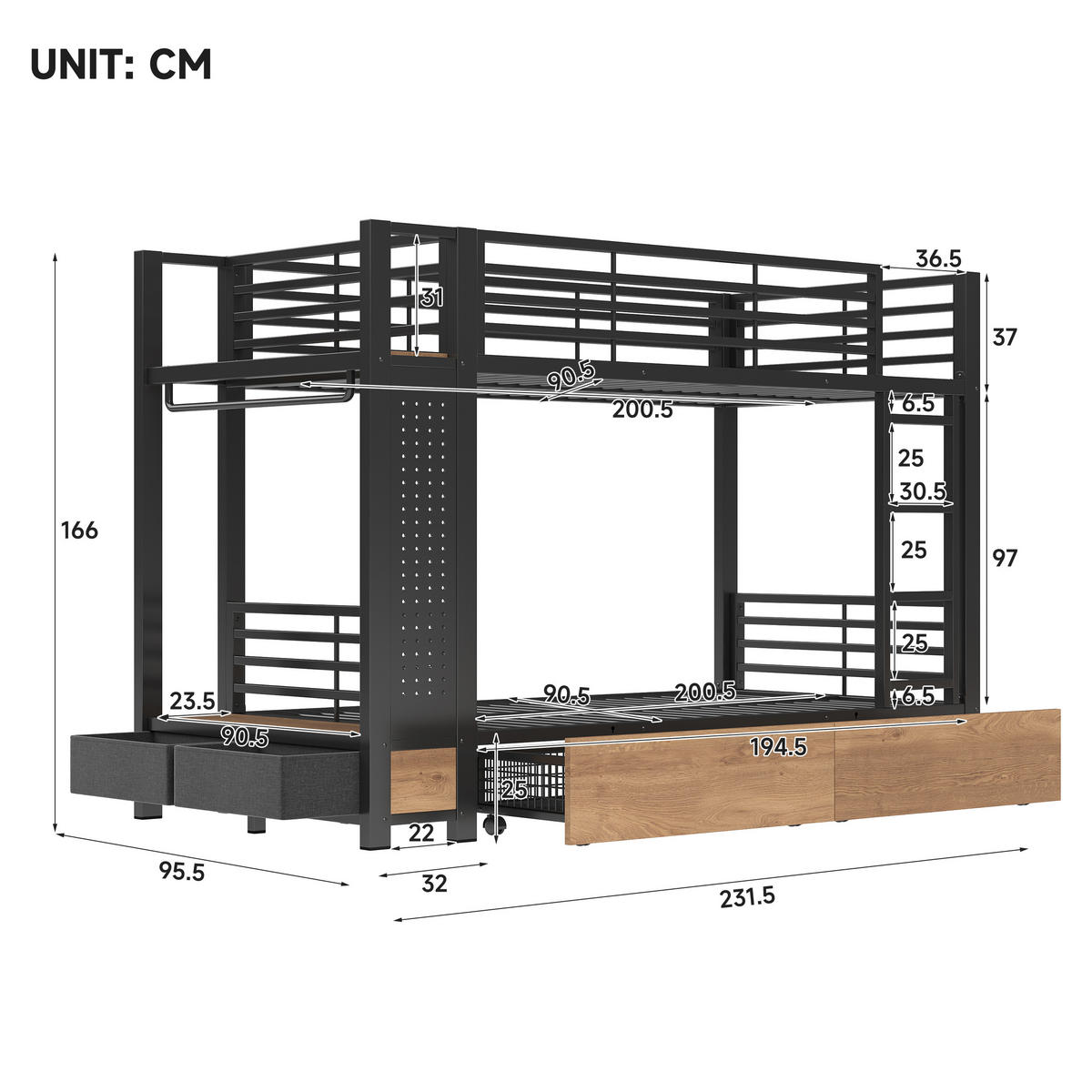 ETAGENBETT 90x200 Schwarz Metall mit 4 Schubladen, LED & Kleiderstange - Schwarz, Metall - Urban Meuble