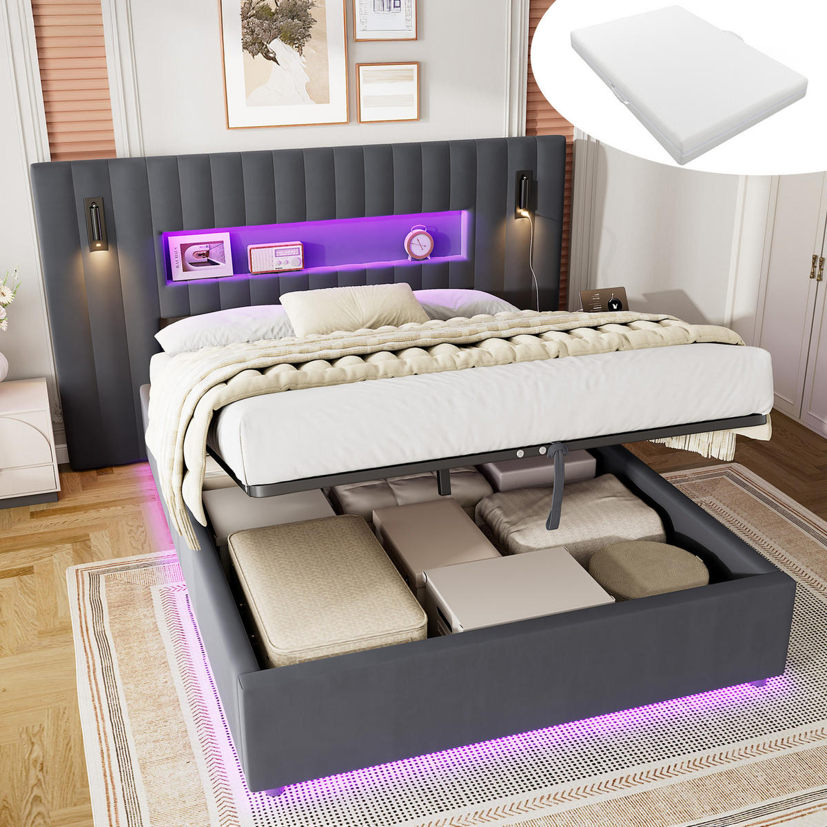 ČALOUNĚNÁ POSTEL 90 × 200 cm s matrací, úložným prostorem, lampičkou na čtení a USB, šedá, sametový potah - šedá, kov/kompozitní dřevo (140/200cm) - STILVORA