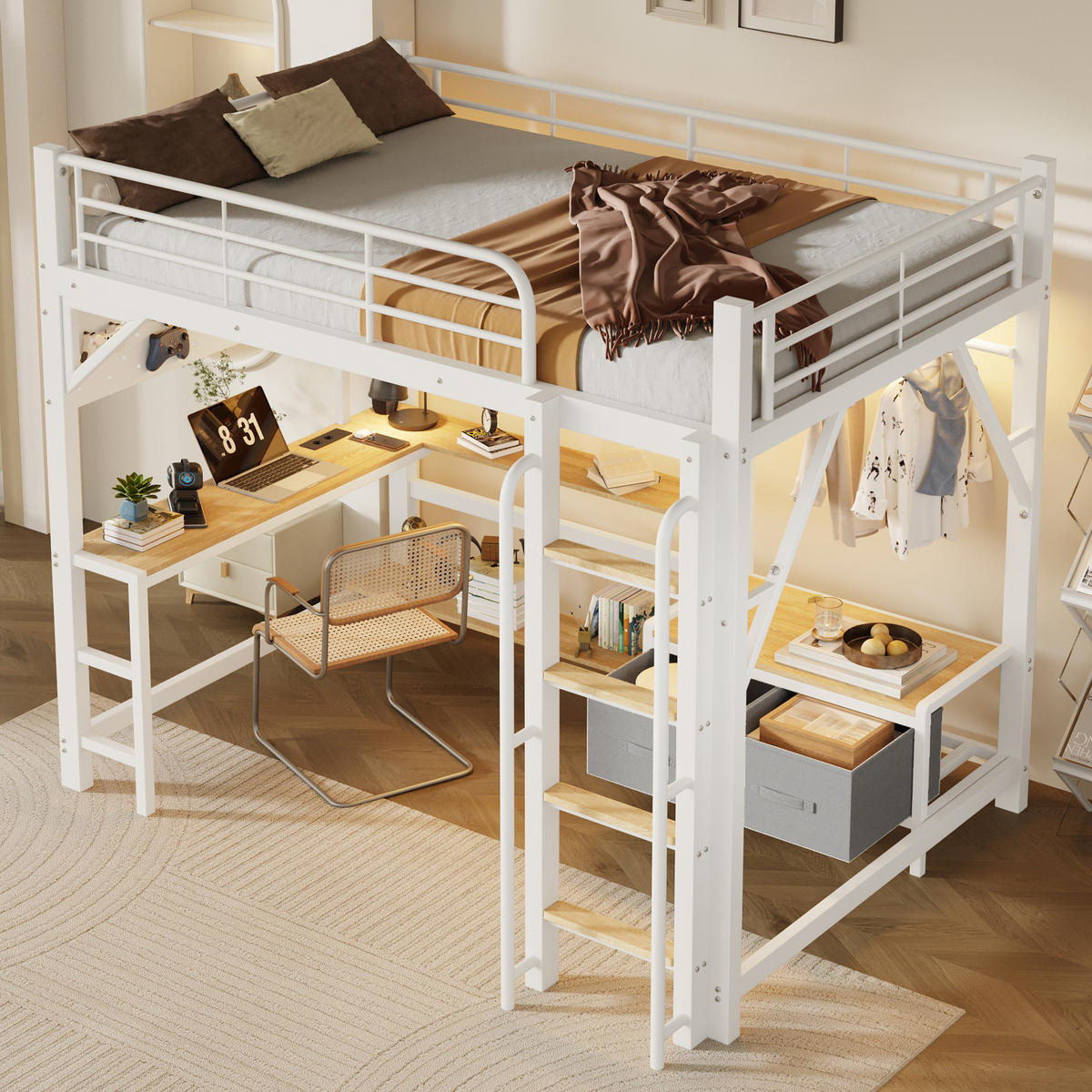 HOCHBETT 140/200 cm mit Schreibtisch und LED, DE-42034, in Weiß - Weiß, Metall (140/200cm) - ComfortXL