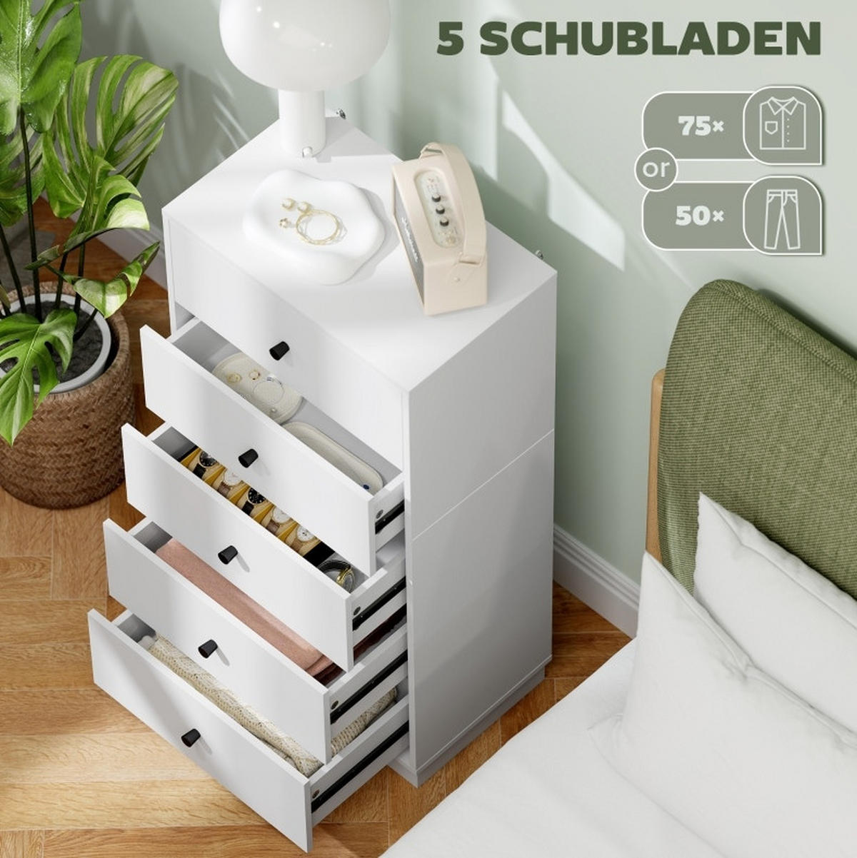 KOMMODE 47/29/95 cm mit 5 Schubladen und Anti-Kipp-Schutz, Weiß - Weiß, Holz (47/95/29cm) - Redom