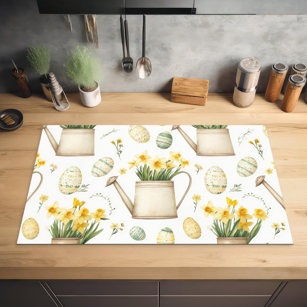 HERDABDECKPLATTE Gießkanne - Blumen - Eier Ceranfeldabdeckung 85x52 cm - Weiß, Kunststoff (85/52/0.2cm) - MuchoWow