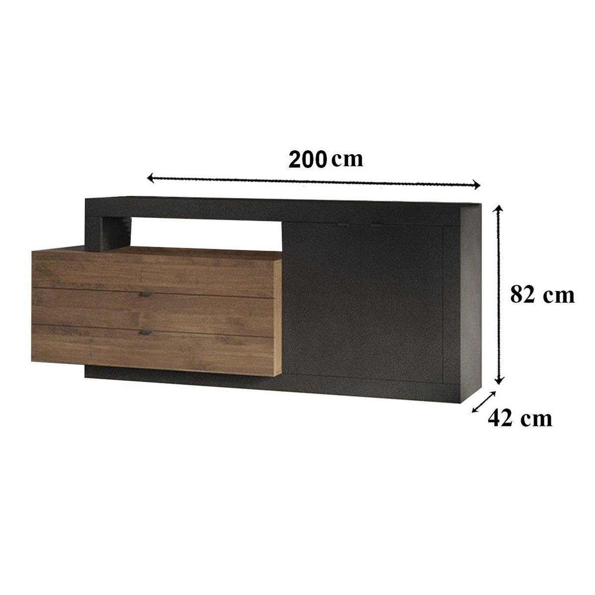 SIDEBOARD 2 Türen und 3 Schubladen L200 cm - JOURNEY - Schwarz, Holzwerkstoff (42/82/200cm) - Calicosy