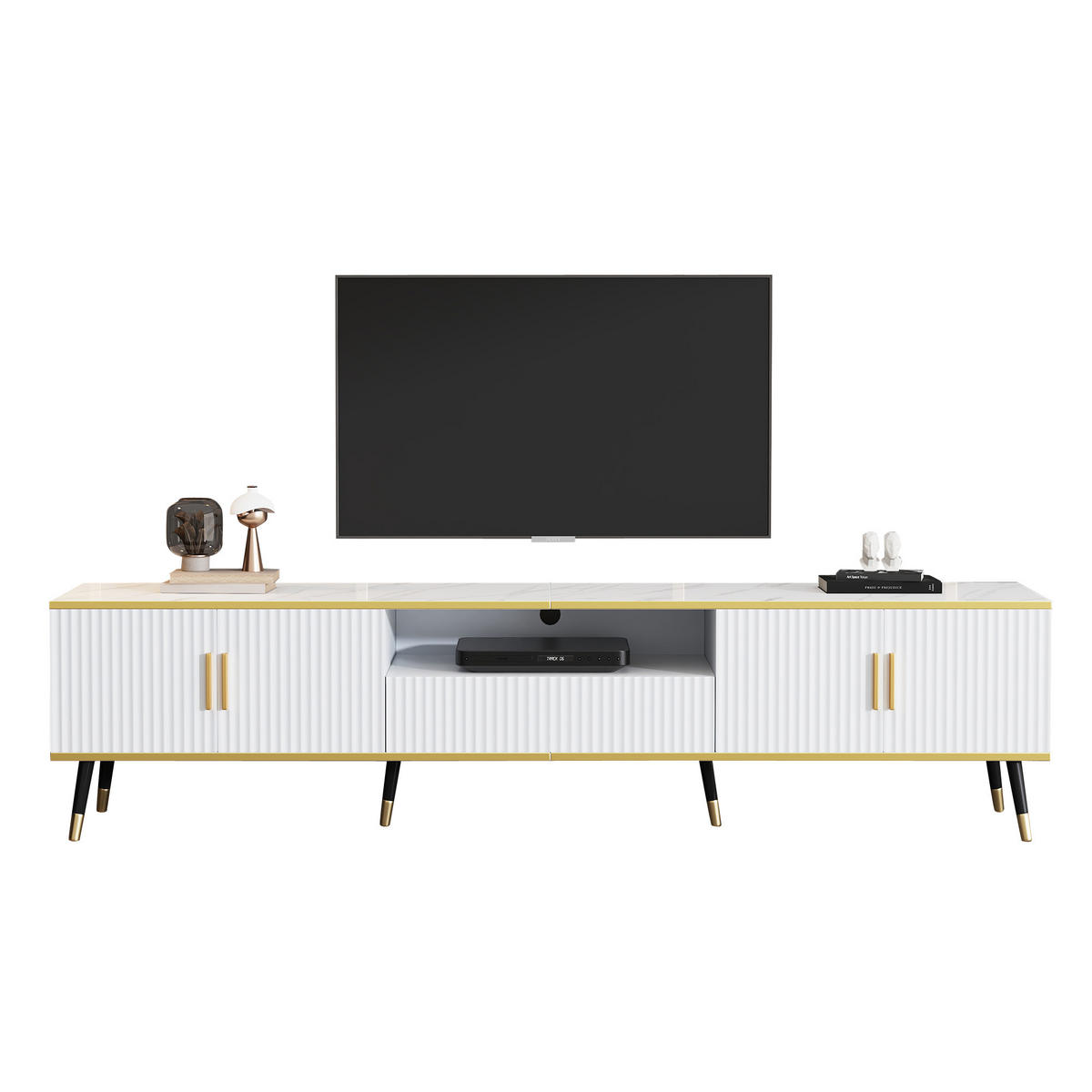 TV-SCHRANK Weiß mit Kunstmarmorplatte, goldenen Metallakzenten, Kabelführung und großem Stauraum 200 × 40 × 46 cm - Weiß, Holzwerkstoff (200/46/40cm) - Luhomfu