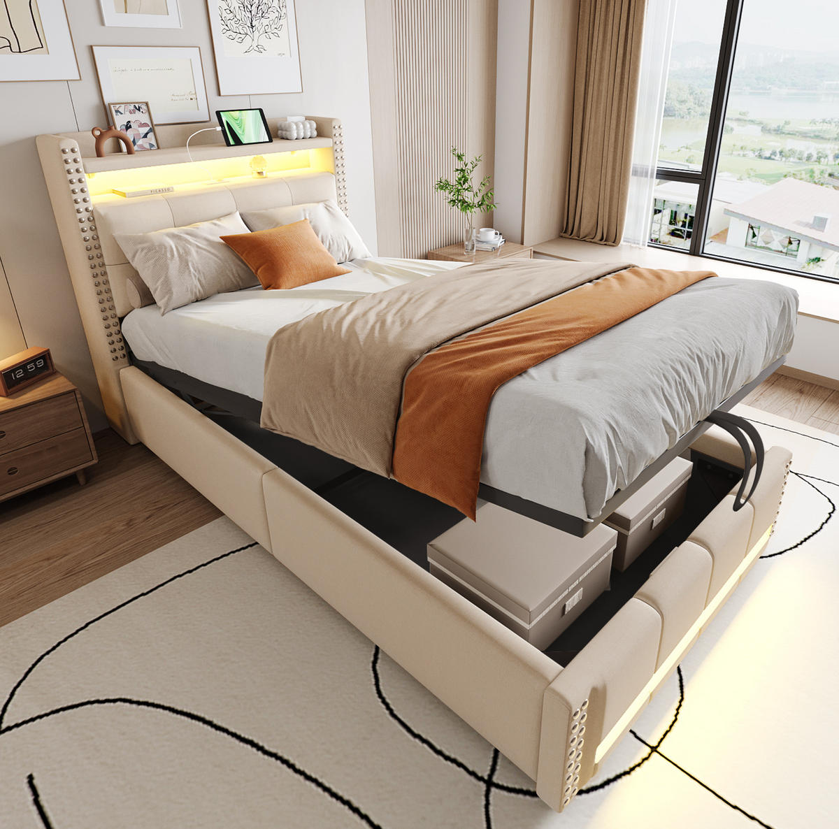 POLSTERBETT 90/200 cm Beige mit Stauraum, LED-Beleuchtung und USB-Anschluss - Beige, Textil (90/200cm) - Flora Grace