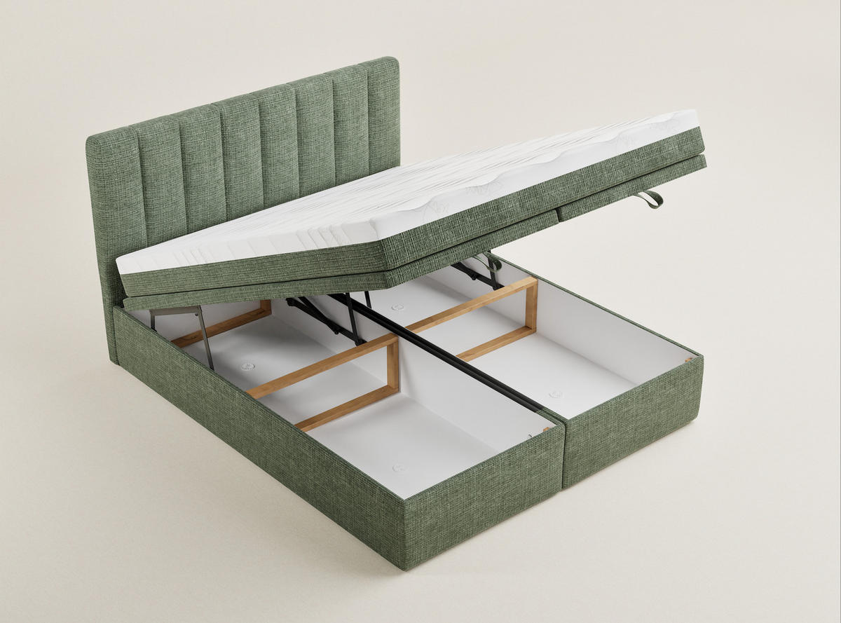 BOXBETT 180/200 cm Lovage M, in Grün, Matratze, gepolstertes Kopfteil, Bettkasten, H3 = fest - Schwarz/Grün, Holz/Holzwerkstoff (180/200cm) - Maison de Reve