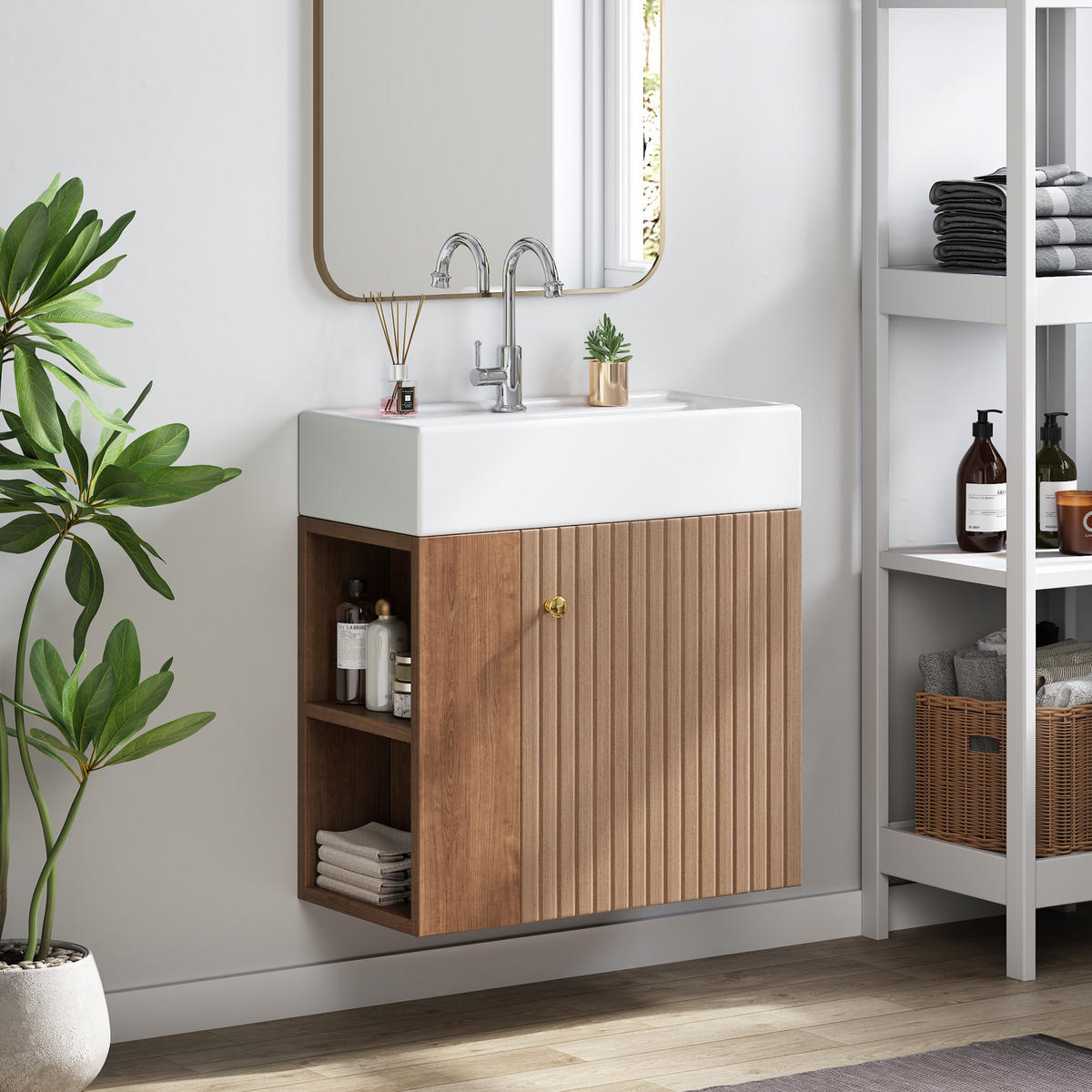 WASCHBECKENUNTERSCHRANK 55 cm mit Keramikbecken Braun - Braun, Holzwerkstoff (31/66.5/55cm) - Beauniv