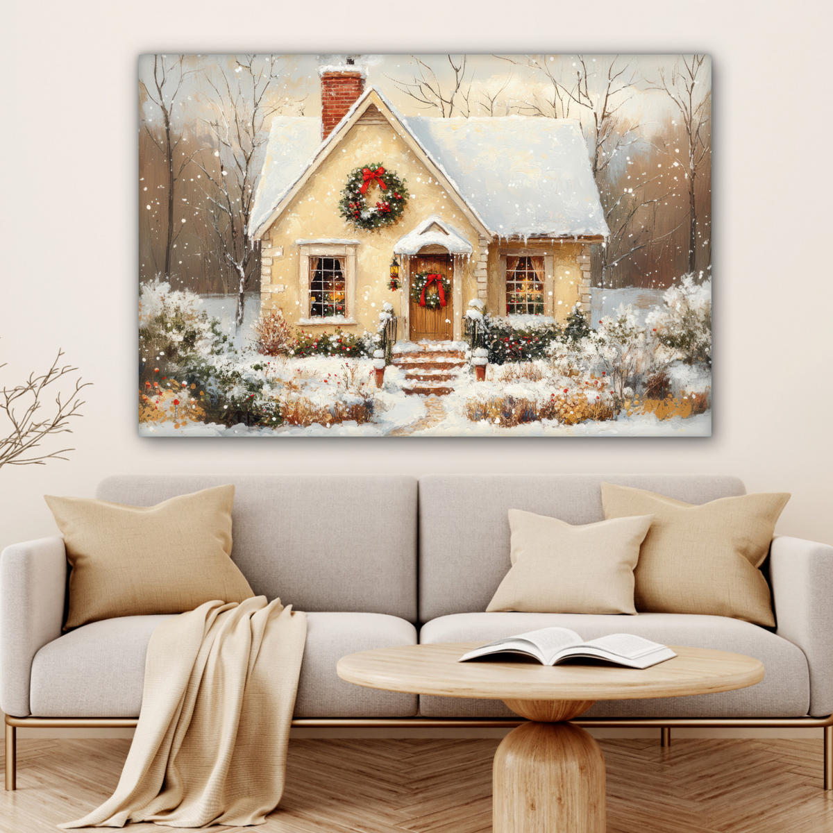 LEINWANDBILD Weihnachten - Zuhause - Winter - Schnee Wohnzimmer 120x80 cm - Creme, Textil (120/80cm) - MuchoWow