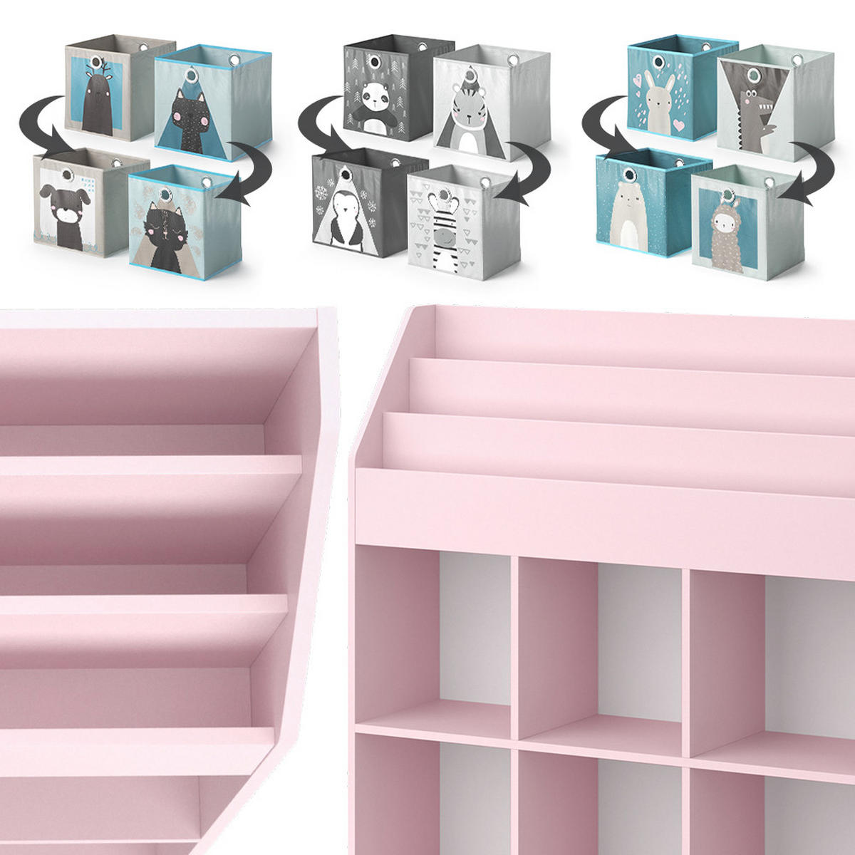 KINDERREGAL Luigi Rosa 107.2 x 114.2 cm mit 6 Faltboxen (grau) - Pink, Holzwerkstoff (107.2/114.2/31.2cm) - Vicco