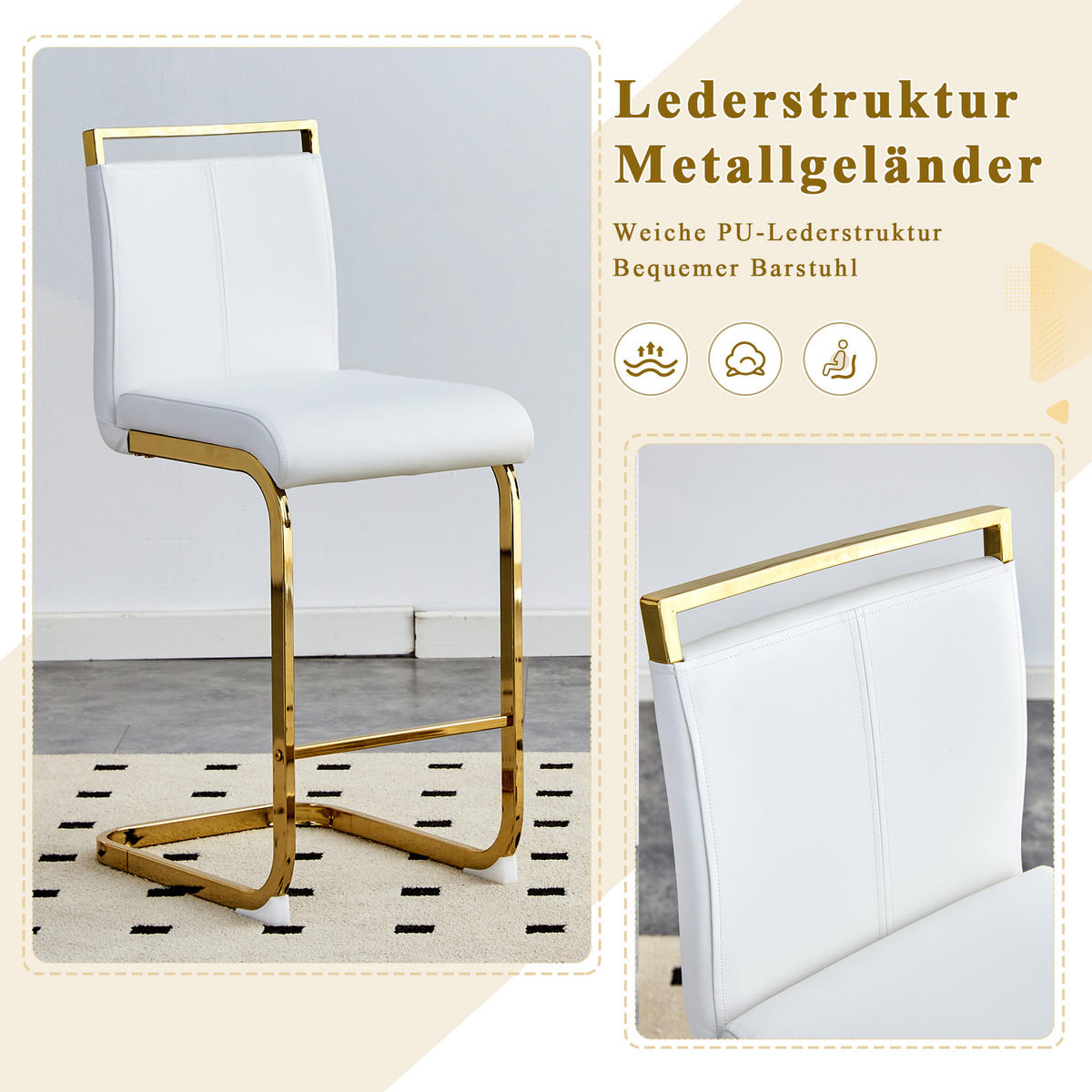 BARHOCKER 2er-Set Weiß mit PU-Leder und goldfarbenen Metallbeinen - Weiß, Metall (39/96.5/46.5cm) - PANGIVO