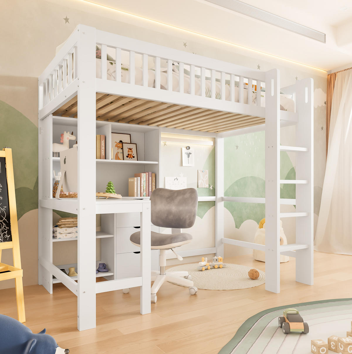HOCHBETT 90/200 cm aus Kiefer und MDF mit Schreibtisch und 3 Schubladen Weiß - Weiß, Holz (90/200cm) - Modenvie