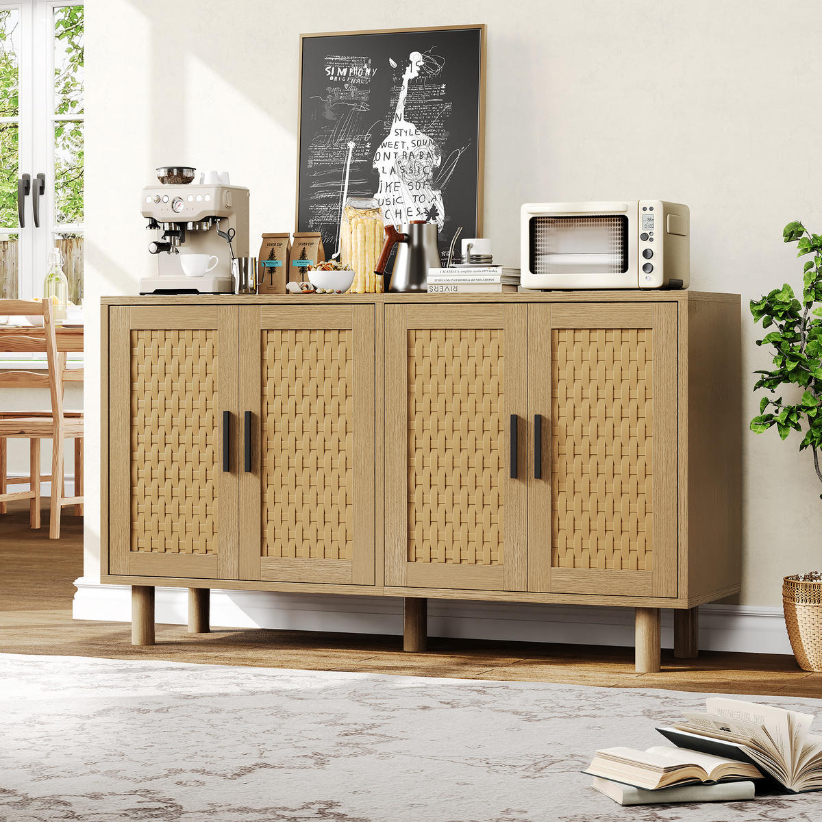 SIDEBOARD Rattanschrank mit 4 Türen, Wohnzimmerschrank Stauraum, 80/140/80 cm - Naturfarben, Holz/Metall (40/80/140cm) - PARAFTA HOME
