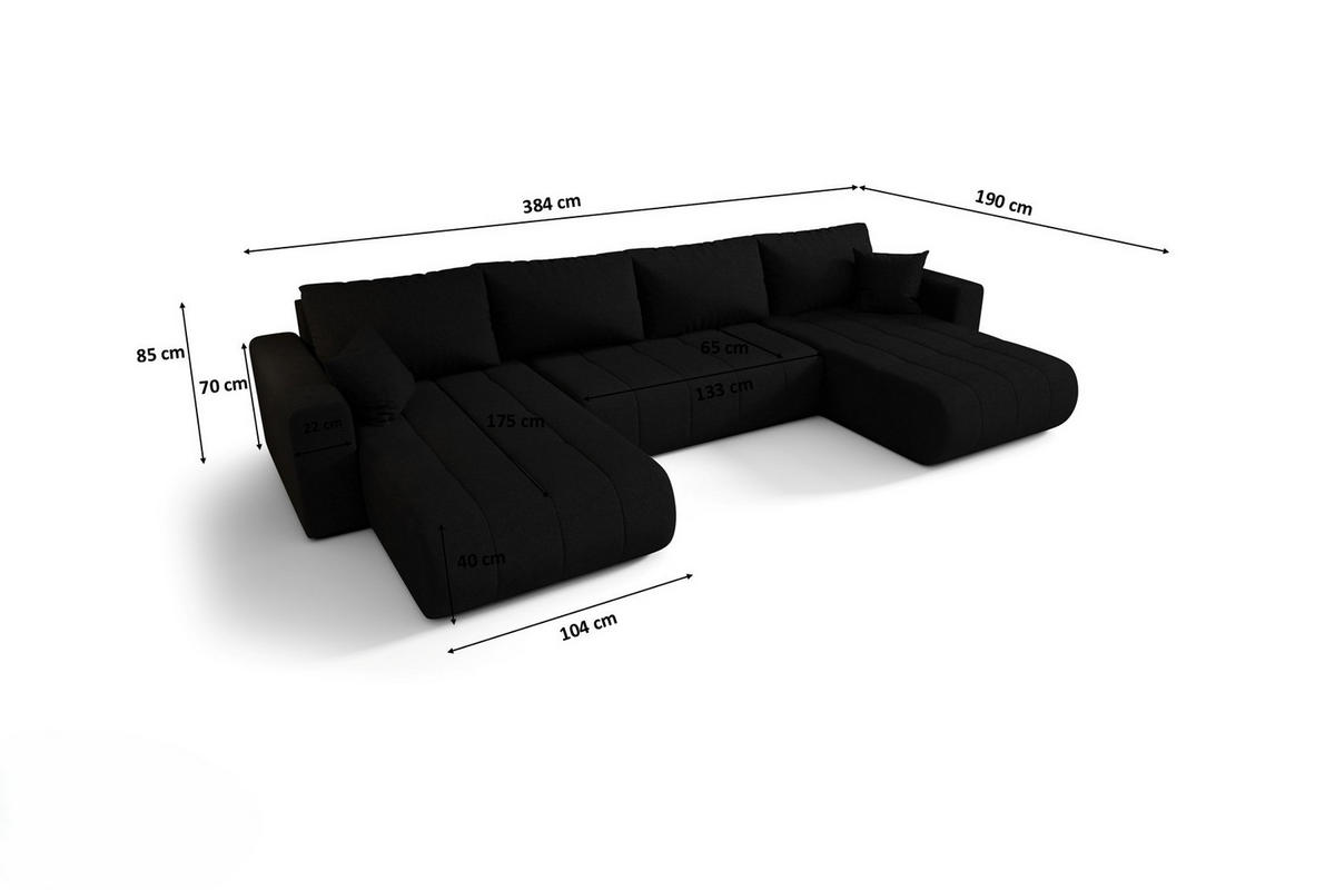 ECKSOFA mit schlaffunktion und bettkasten MILO U, stoff WIND, Schwarz - Schwarz, Holz (384/190cm) - Kaiser Möbel