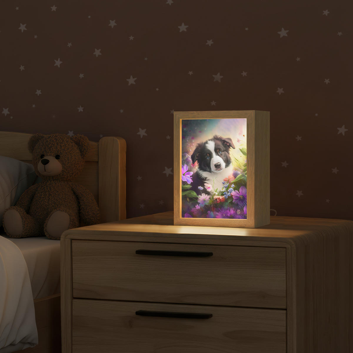 NACHTTISCHLAMPE Welpe - Sonne - Blumen - Natur - Border Collie - Hund 15x20 cm - Violett, Holzwerkstoff (8/15/20cm)