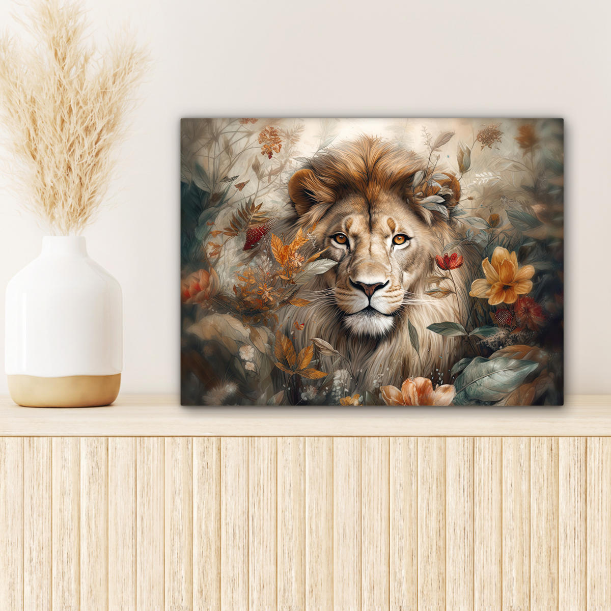 LEINWANDBILD Löwe - Wildtiere - Pflanzen - Natur - Blumen Wandbild 40x30 cm - Beige, Textil (40/30cm) - MuchoWow