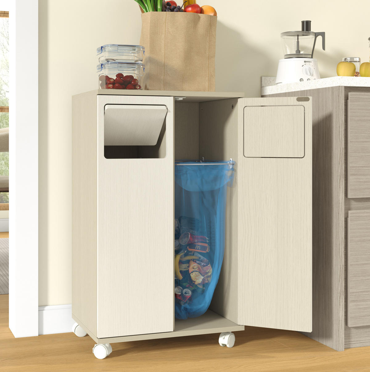 KOMMODE 46,7/35/80 cm aus MDF mit 2 Fächern und Rollen Weiß (Hellholz-Optik) - Weiß, Holzwerkstoff (46/80/35cm) - Modenvie