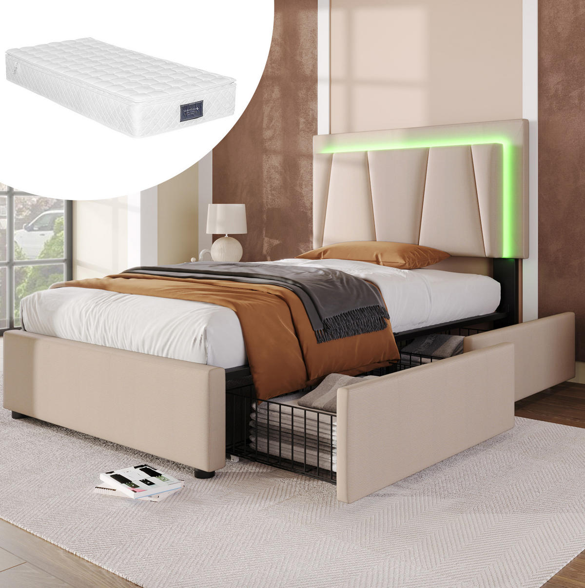 POLSTERBETT 90/200 cm Beige aus Holz mit LED und 2 Schubladen mit Matratze - Beige, Holzwerkstoff (90/200cm) - OKWISH