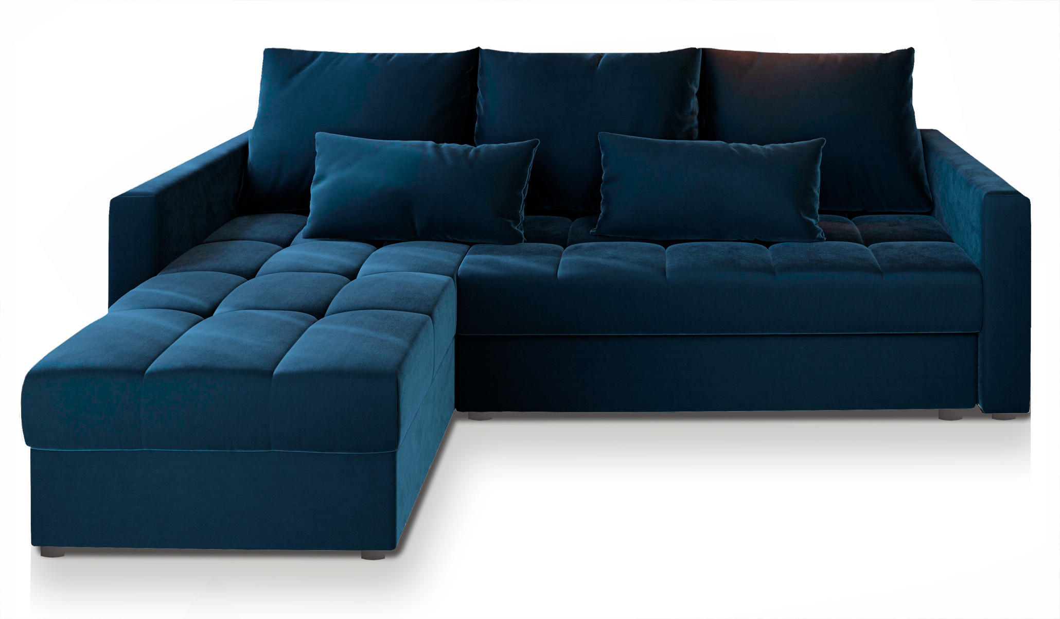 ECKSOFA KOS PIK Blau Plüsch-Stoff mit Schlaffunktion - Blau, Holz (220/140cm) - MASSENO