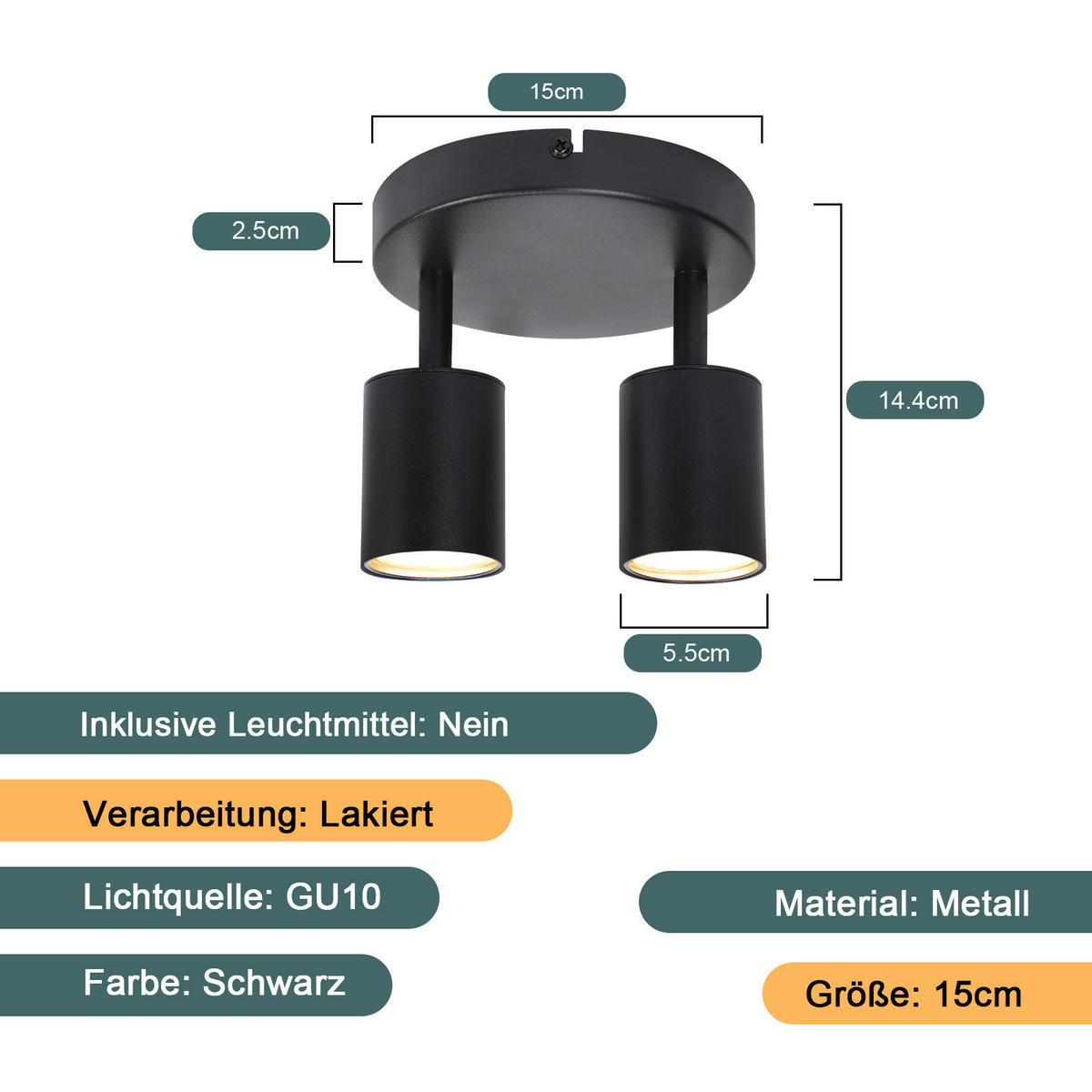 STRAHLER Bayreuth 2-flammig 15/15/14.4 cm - Schwarz, Metall (15/15/14.4cm) - Nettlife