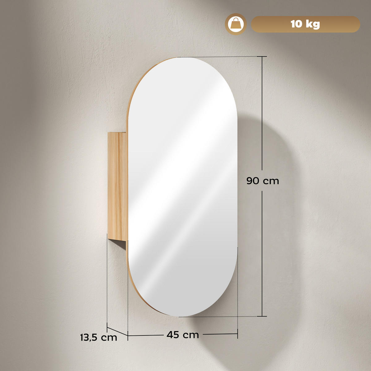 SPIEGELSCHRANK Naturfarben 45/13,5/90 cm - Naturfarben, Holzwerkstoff (45/90/13.5cm) - PANGIVO