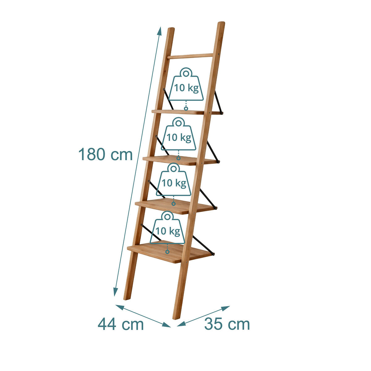 LEITERREGAL Natur Walnussholz geölt 4 Ablagen 180 cm - Hellbraun, Holz (44/180/35cm) - Relaxdays