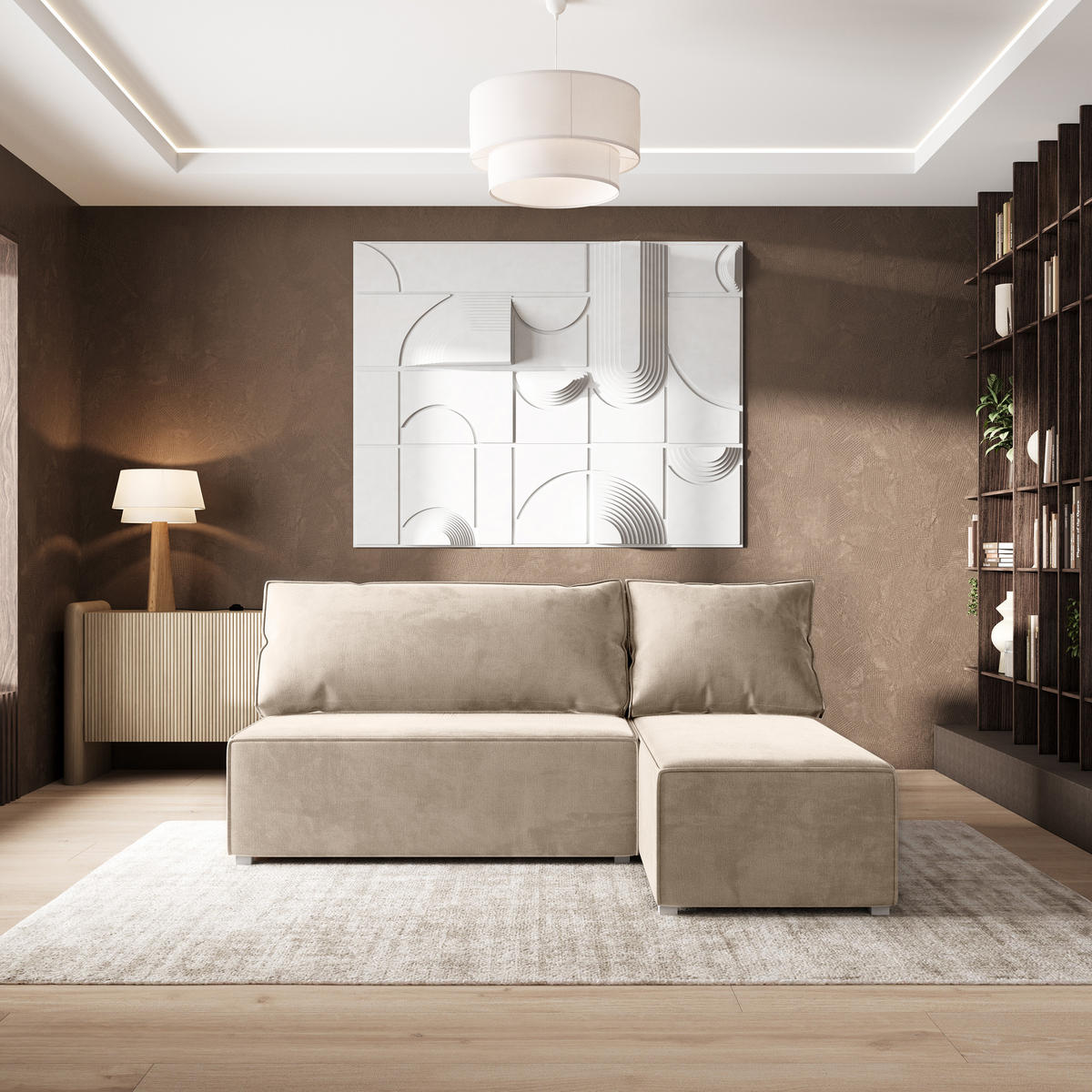 ECKSOFA BRISO M Creme Velours-Stoff mit Schlaffunktion - Creme/Grau, Holz/Kunststoff (200/140cm) - MASSENO