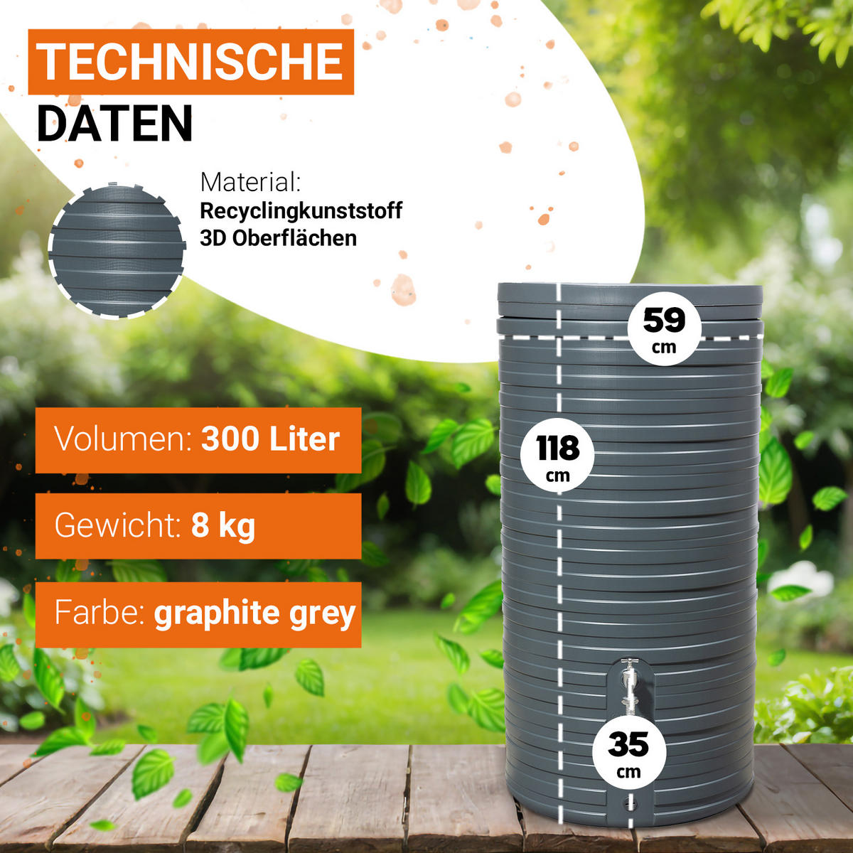 REGENTONNE 300 L, graphite grey inkl. Deckel - Graphitfarben, Kunststoff (59/118/59cm) - GARANTIA