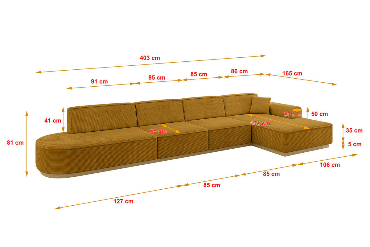 ECKSOFA Ottomane Rechts IREA-L3-v2 - 403x165x81 cm Senfgelb - Currygelb, Holzwerkstoff/Textil (403/165cm) - ALTDECOR