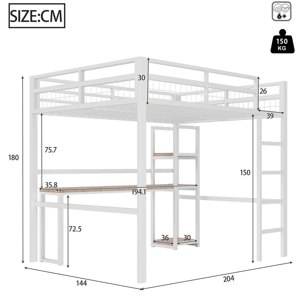 HOCHBETT 140/200 cm Weiß mit Schreibtisch, Regalen und USB- und Type-C-Anschlüssen - Weiß, Metall (140/200cm) - Flora Grace
