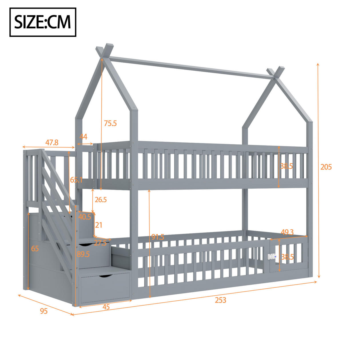 ETAGENBETT 90/200 cm grau aus massivem Kiefernholz mit Dach und Sicherheitstreppe - Grau, Holz (90/200cm) - OKWISH