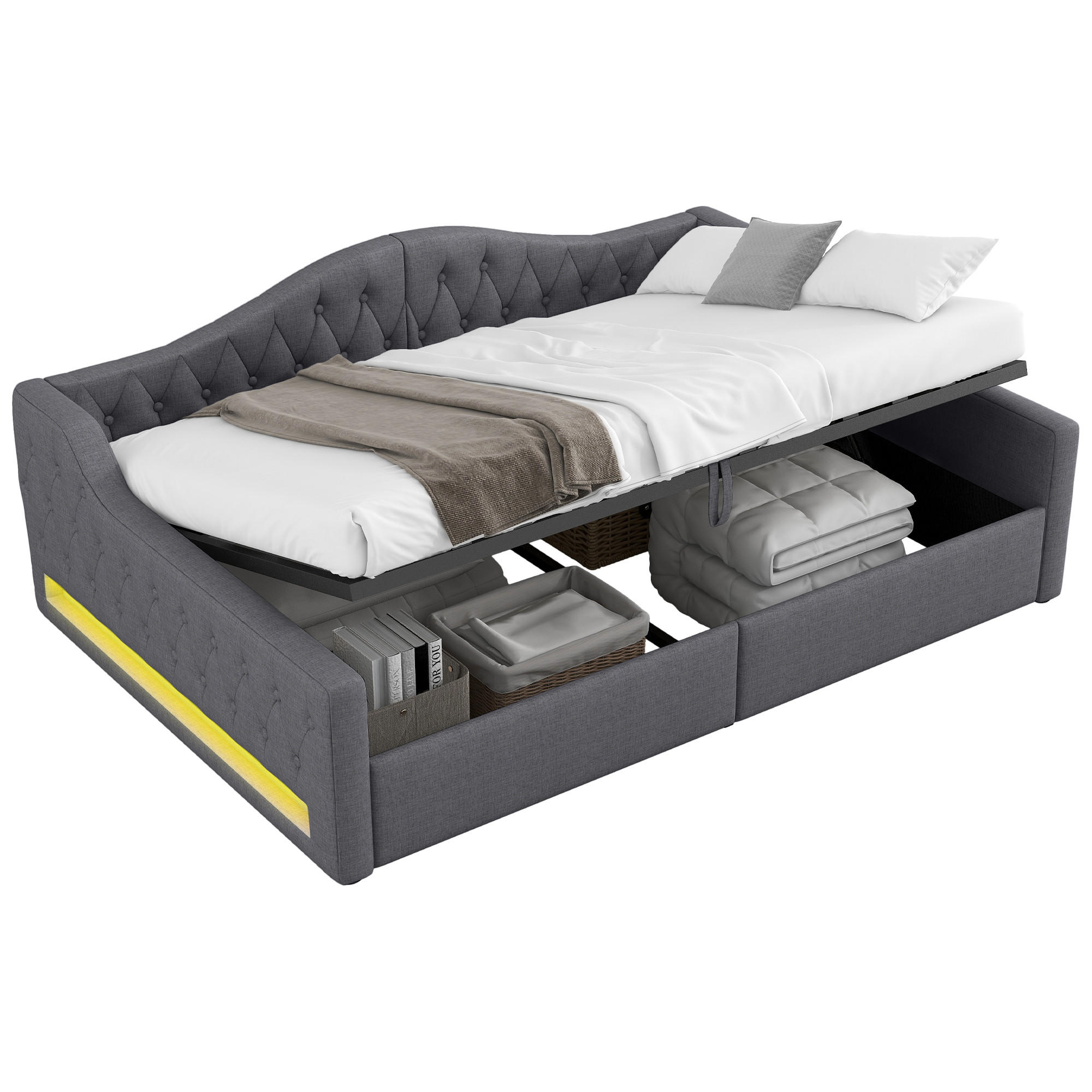 POLSTERBETT 140/200 cm Grau mit LED-Beleuchtung und Stauraum aus Leinen - Grau, Holzwerkstoff (140/200cm) - OKWISH