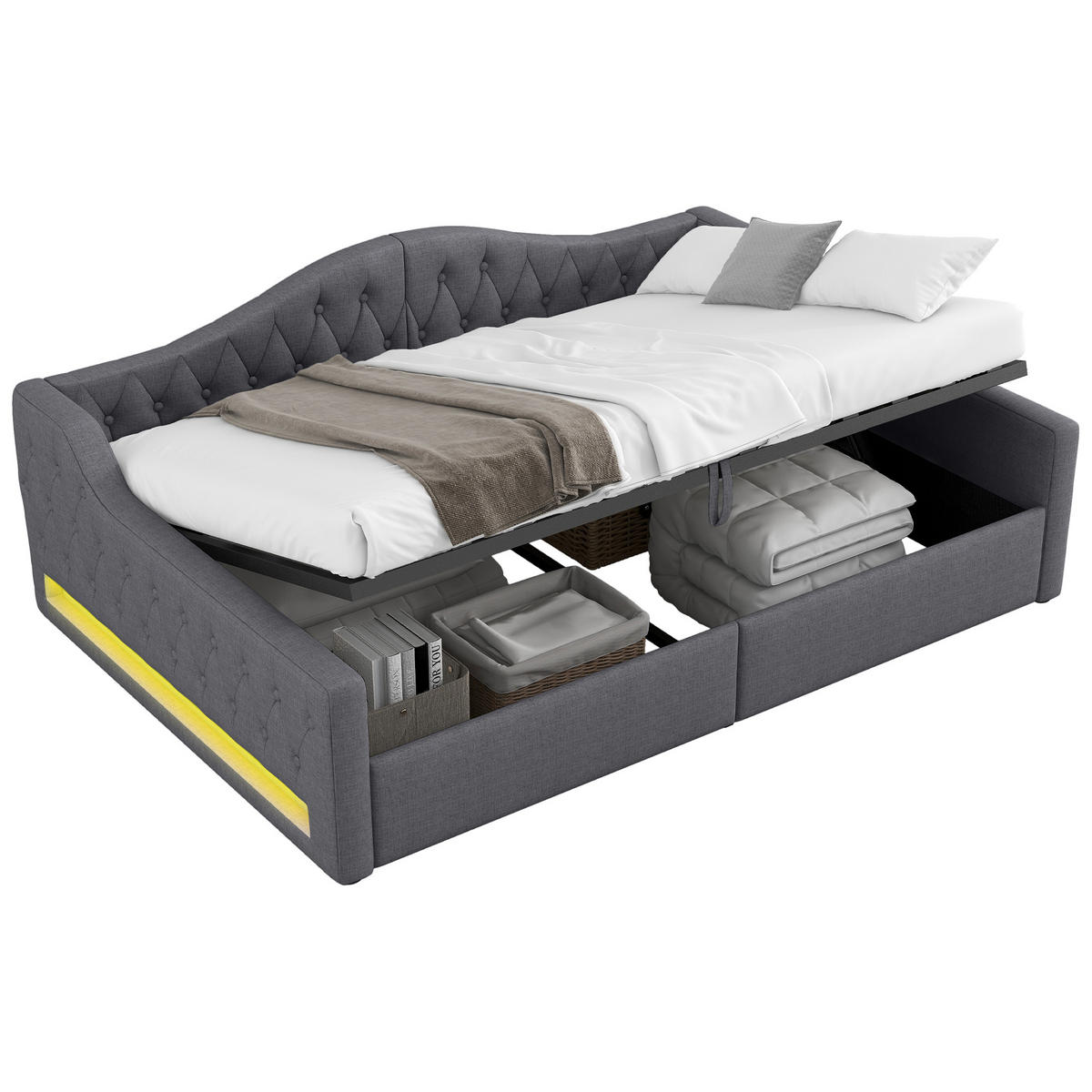 POLSTERBETT 140/200 cm Grau mit LED-Beleuchtung und Stauraum aus Leinen - Grau, Holzwerkstoff (140/200cm) - OKWISH
