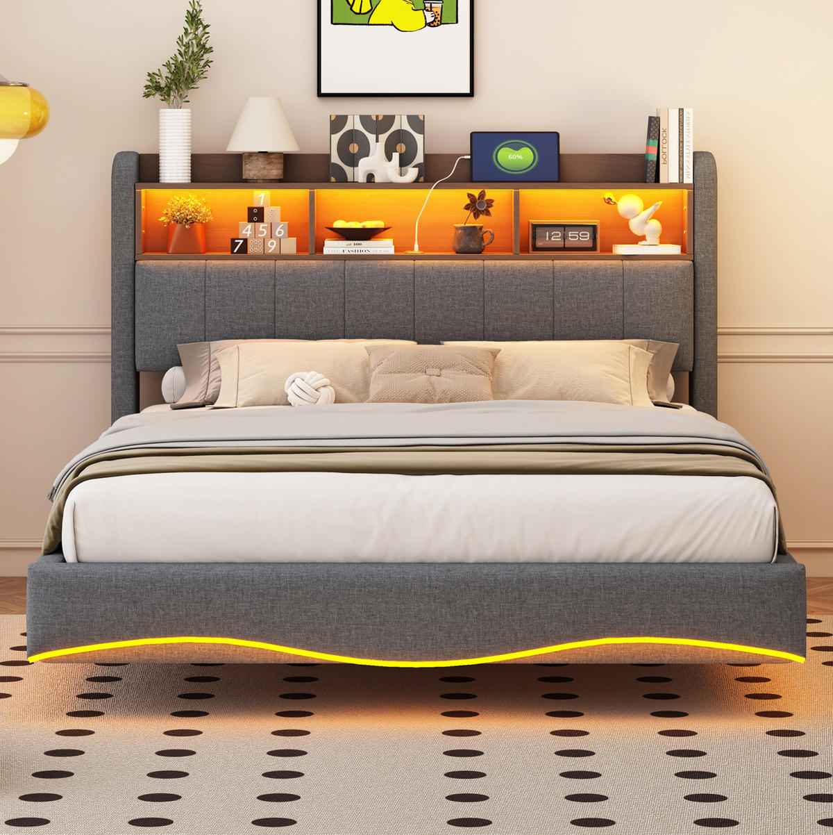 POLSTERBETT 140/200 cm Grau mit Stauraum, LED-Beleuchtung und USB-/Type-C - Grau, Textil (140/200cm) - Flora Grace