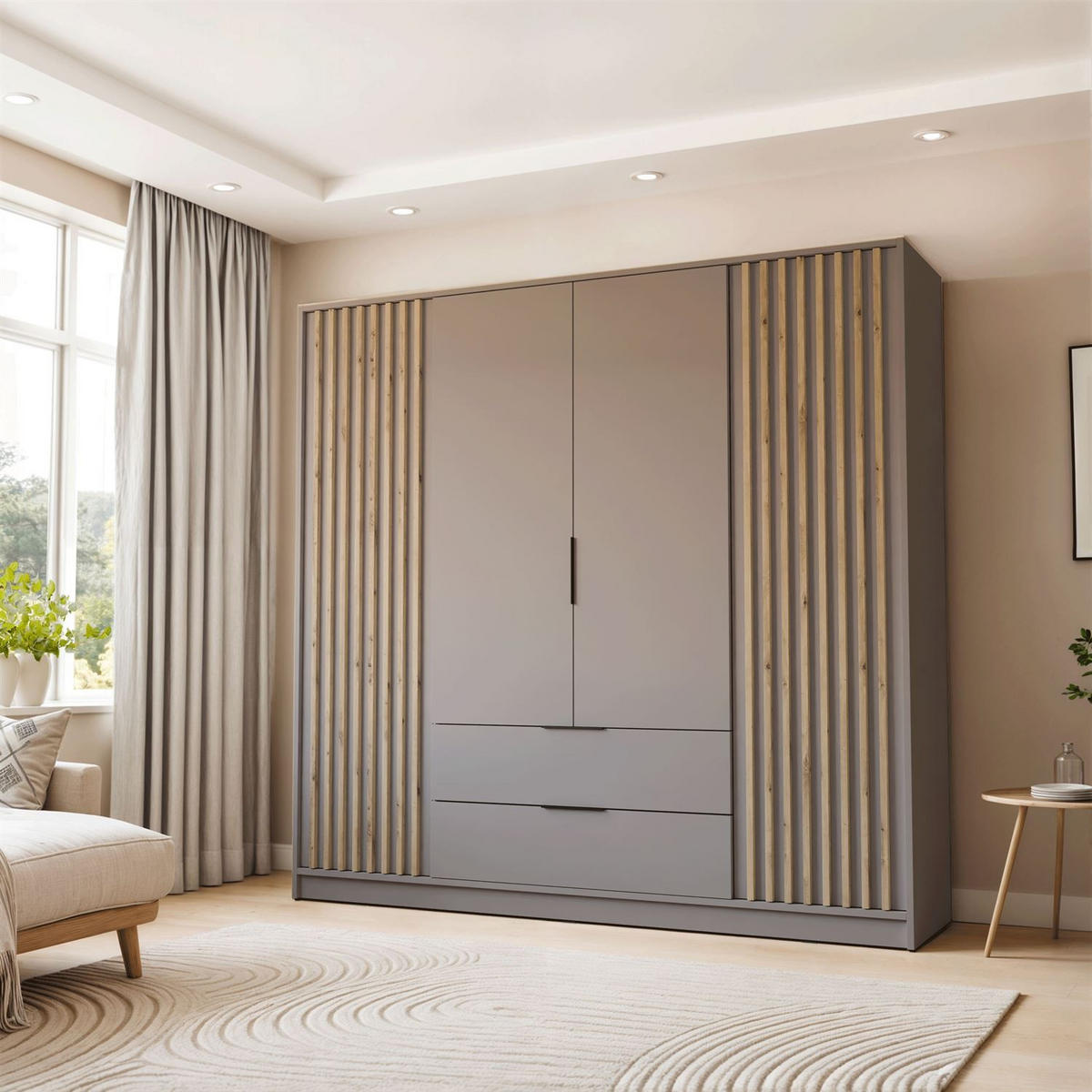 KLEIDERSCHRANK NELA, viertürig mit Lamellen, 206 cm, Grau/Artisan - Grau, Holzwerkstoff (206/200/51cm) - Lookway