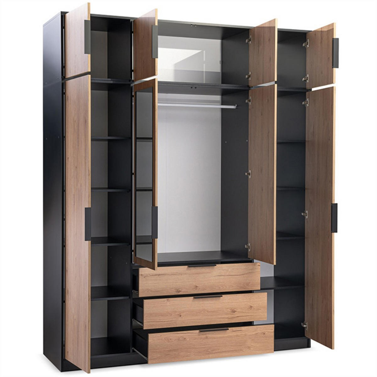 DREHTÜRENSCHRANK Livo mit 4 Türen und 3 Schubladen, eiche Viking+Schwarz, 200 cm - Eichefarben/Schwarz, Holzwerkstoff (196/200/57cm) - Beautysofa